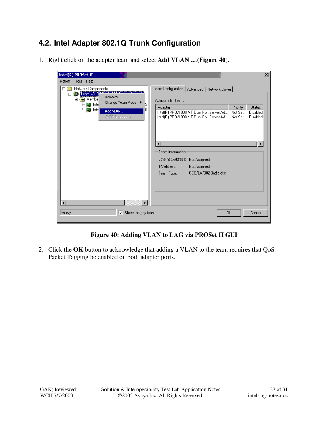 Avaya P882 manual Intel Adapter 802.1Q Trunk Configuration, Adding Vlan to LAG via PROSet II GUI 