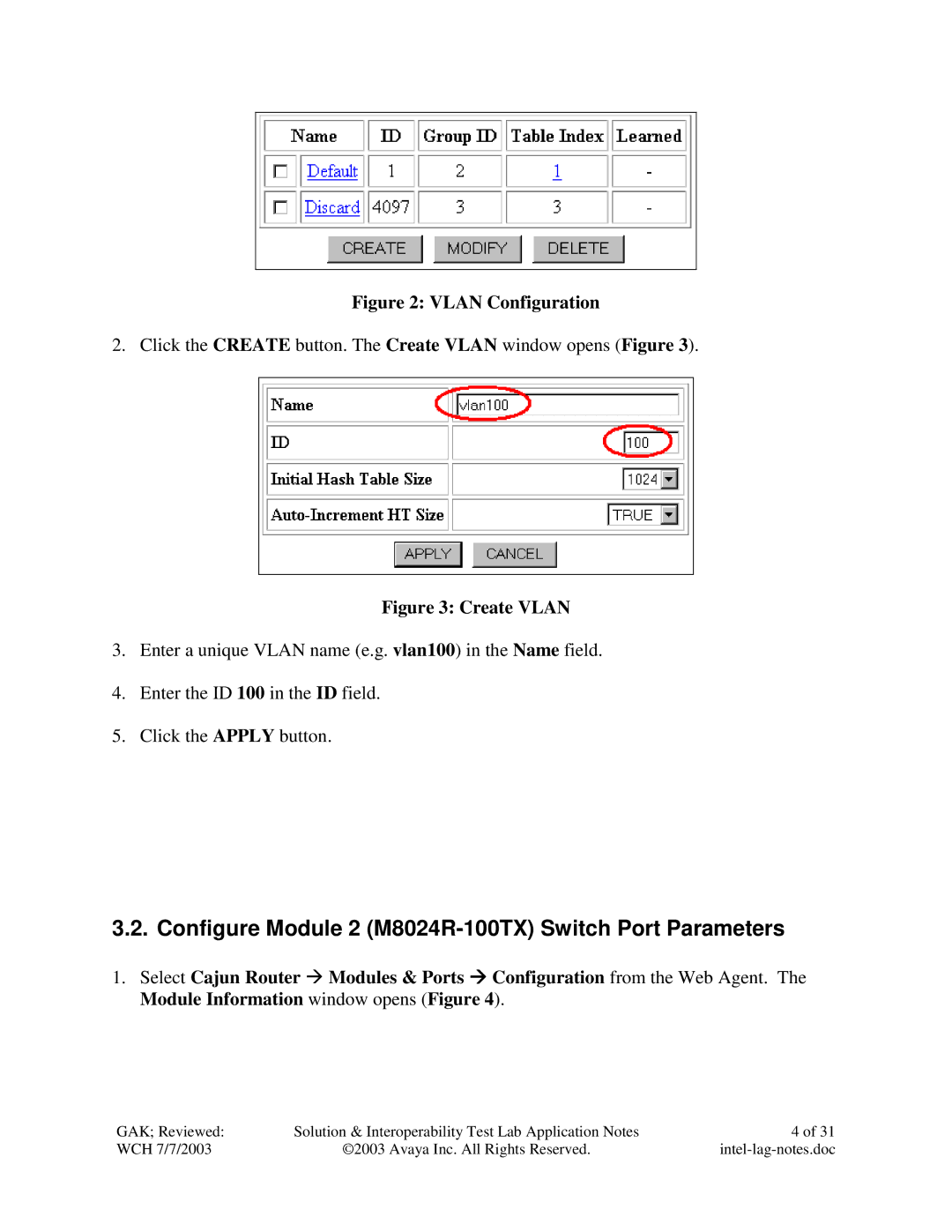 Avaya P882 manual Configure Module 2 M8024R-100TX Switch Port Parameters, Vlan Configuration 