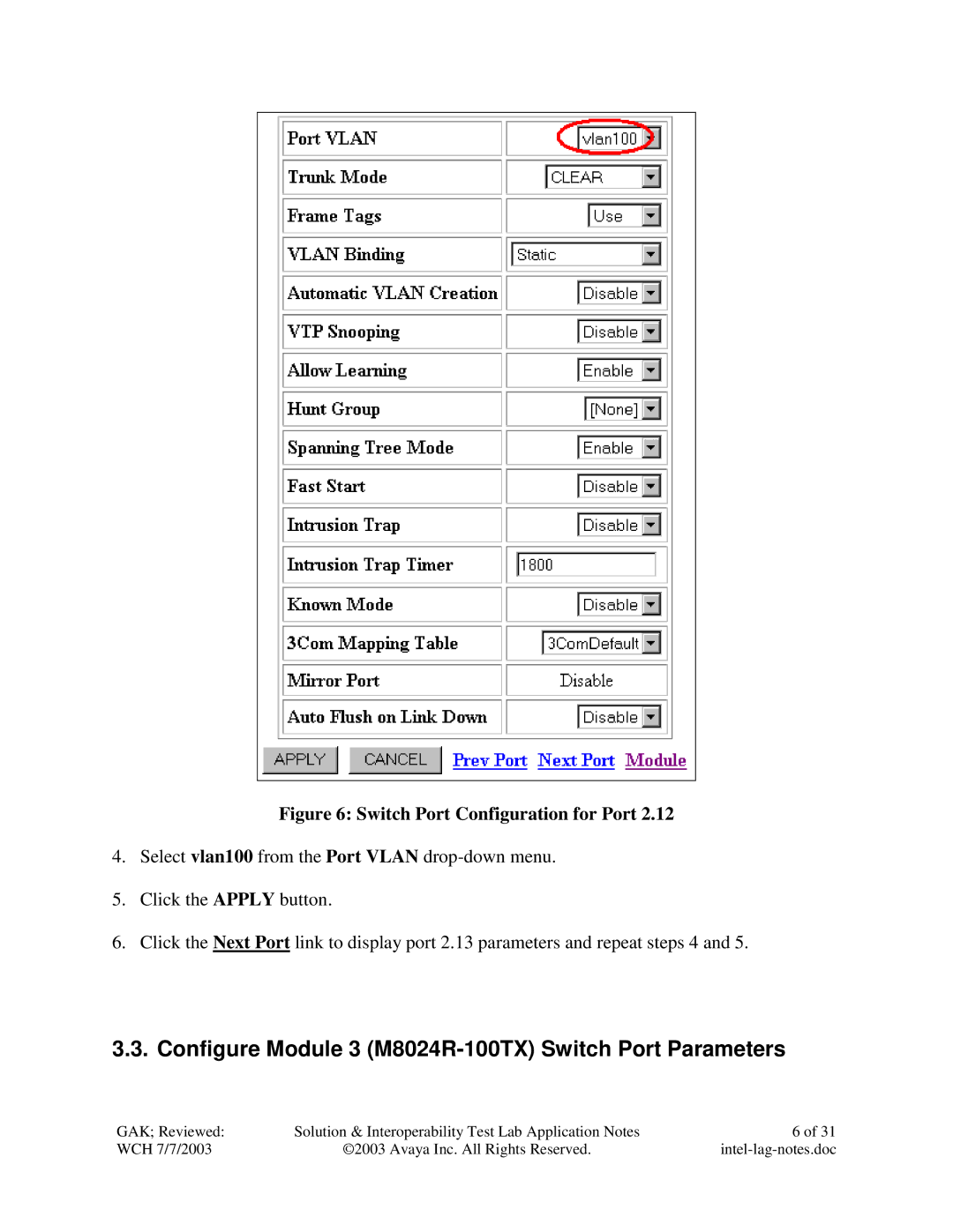 Avaya P882 manual Configure Module 3 M8024R-100TX Switch Port Parameters, Switch Port Configuration for Port 