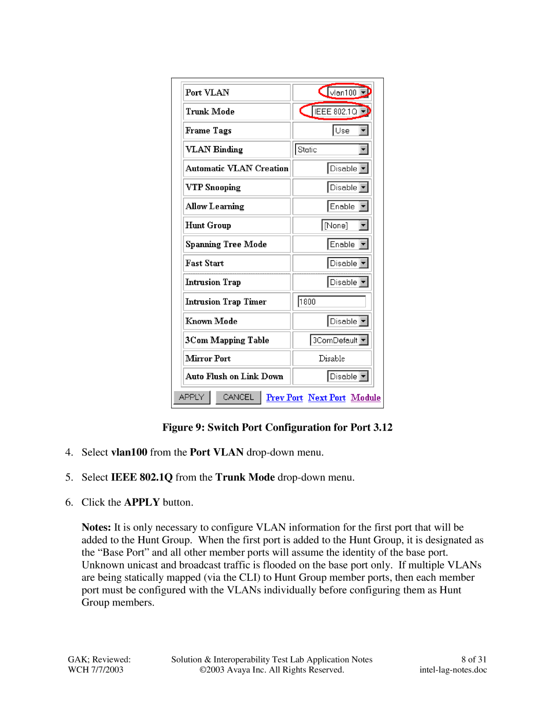 Avaya P882 manual Switch Port Configuration for Port 