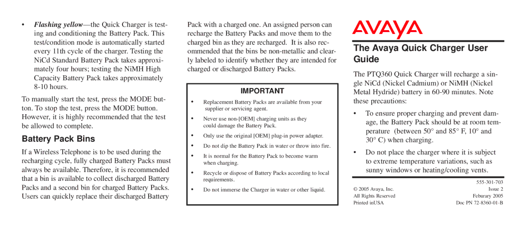 Avaya PTQ360 manual Avaya Quick Charger User Guide, Battery Pack Bins 