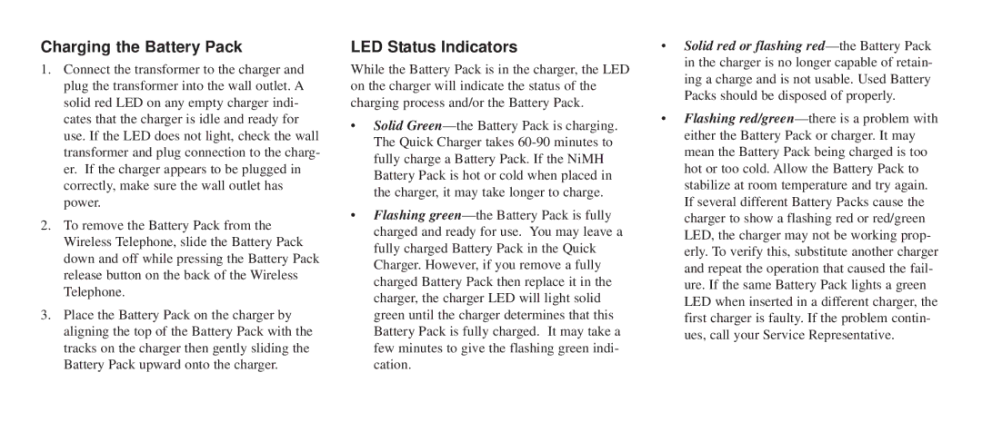 Avaya PTQ360 manual Charging the Battery Pack, LED Status Indicators 