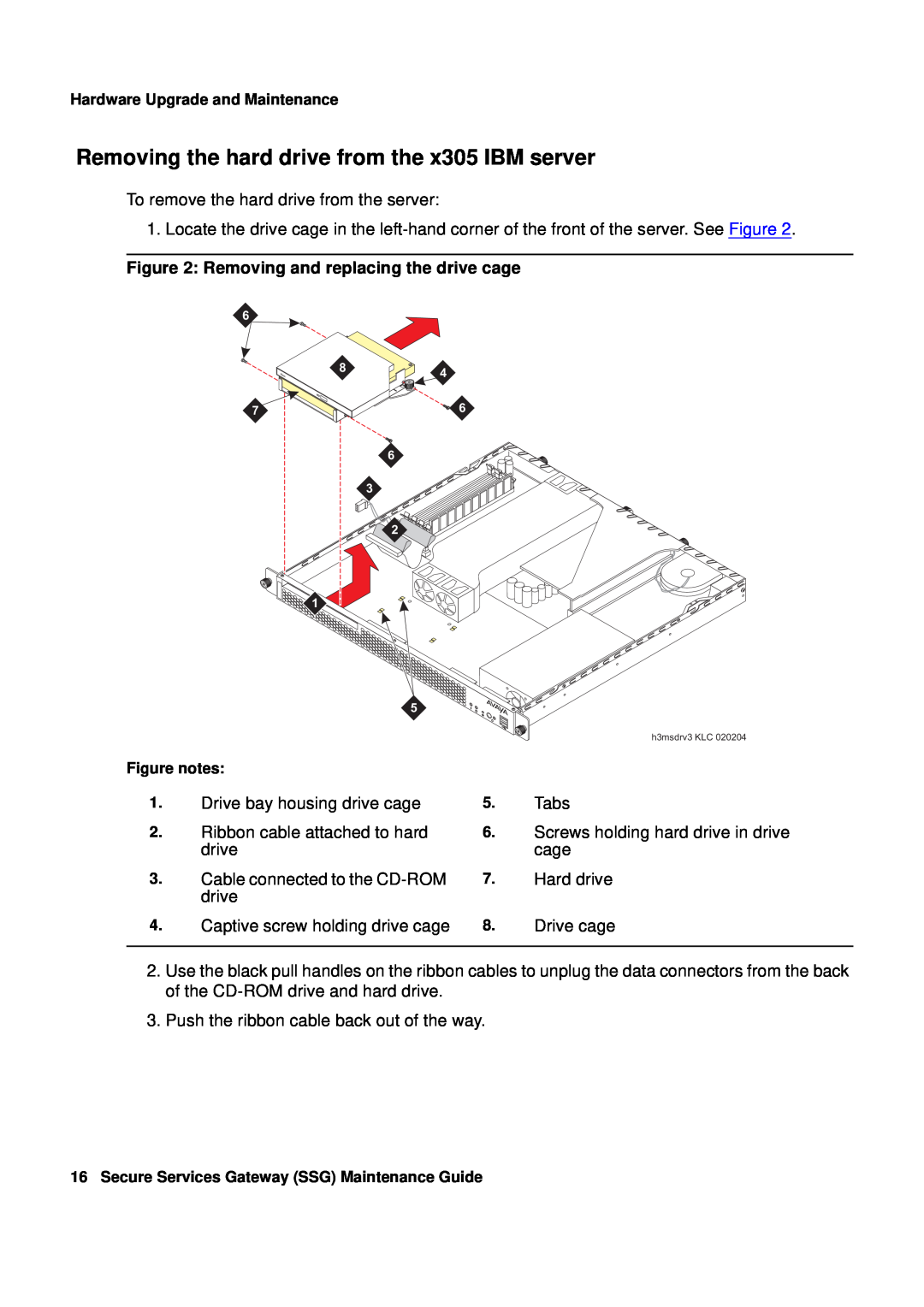Avaya R3.0 manual Removing the hard drive from the x305 IBM server, Removing and replacing the drive cage 