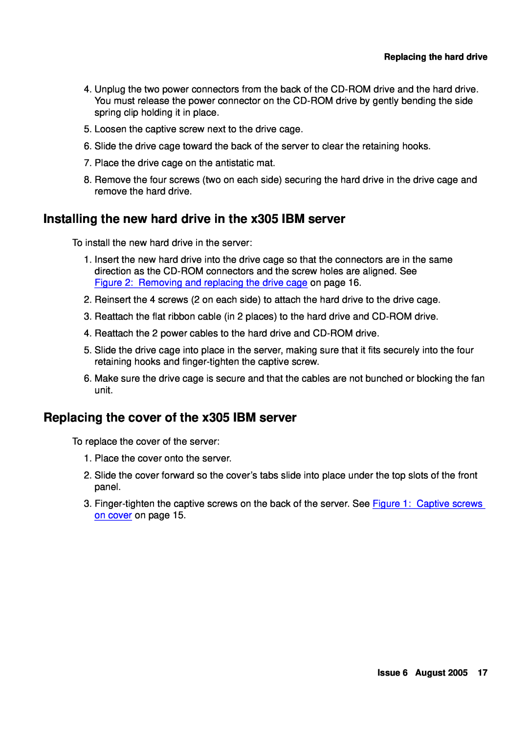 Avaya R3.0 manual Installing the new hard drive in the x305 IBM server, Replacing the cover of the x305 IBM server 