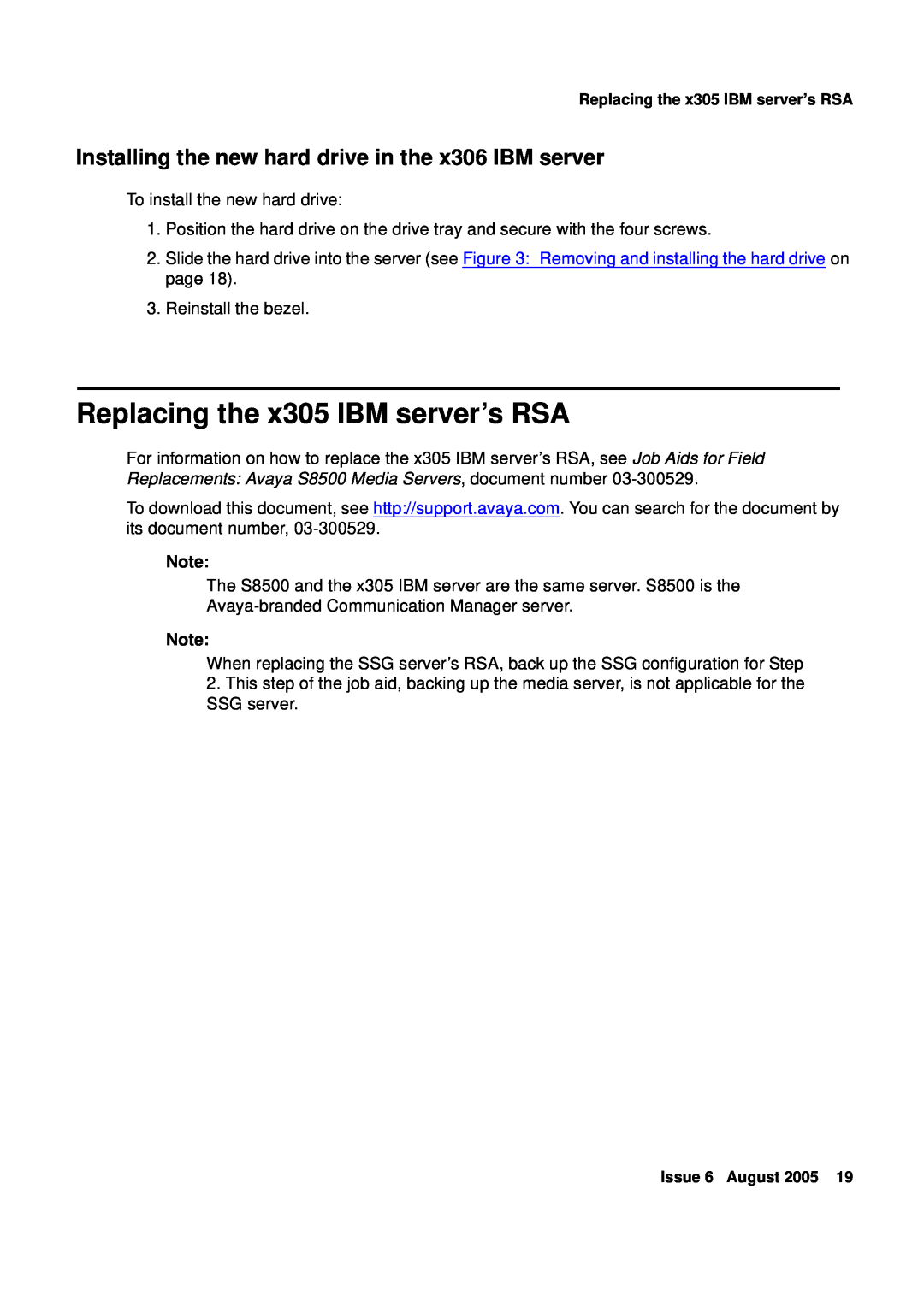 Avaya R3.0 manual Replacing the x305 IBM server’s RSA, Installing the new hard drive in the x306 IBM server 