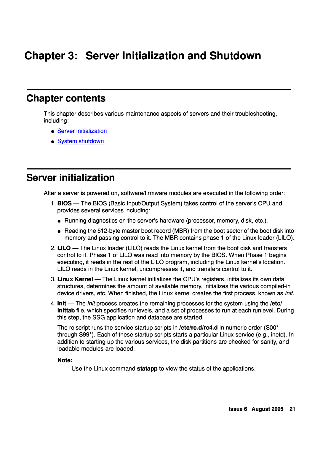 Avaya R3.0 manual Server Initialization and Shutdown, Server initialization System shutdown, Chapter contents 