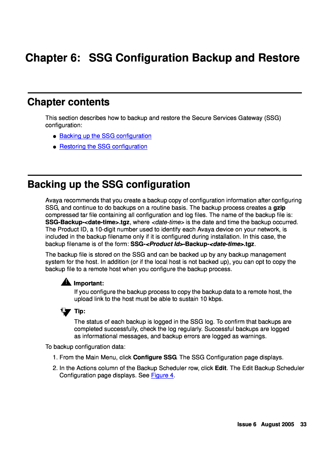 Avaya R3.0 manual SSG Configuration Backup and Restore, Backing up the SSG configuration, Chapter contents 