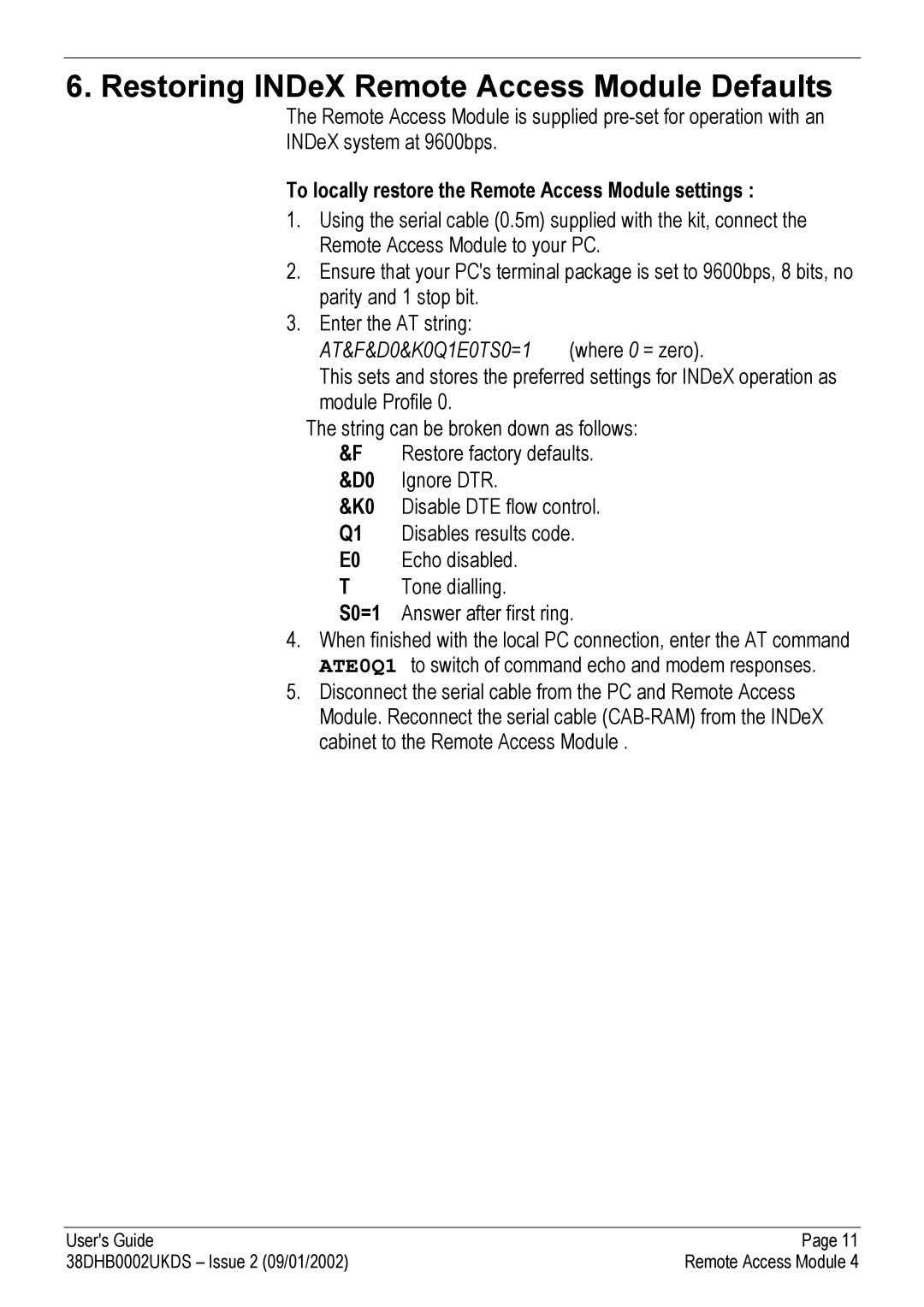 Avaya Remote Access Module 4 manual Restoring INDeX Remote Access Module Defaults 