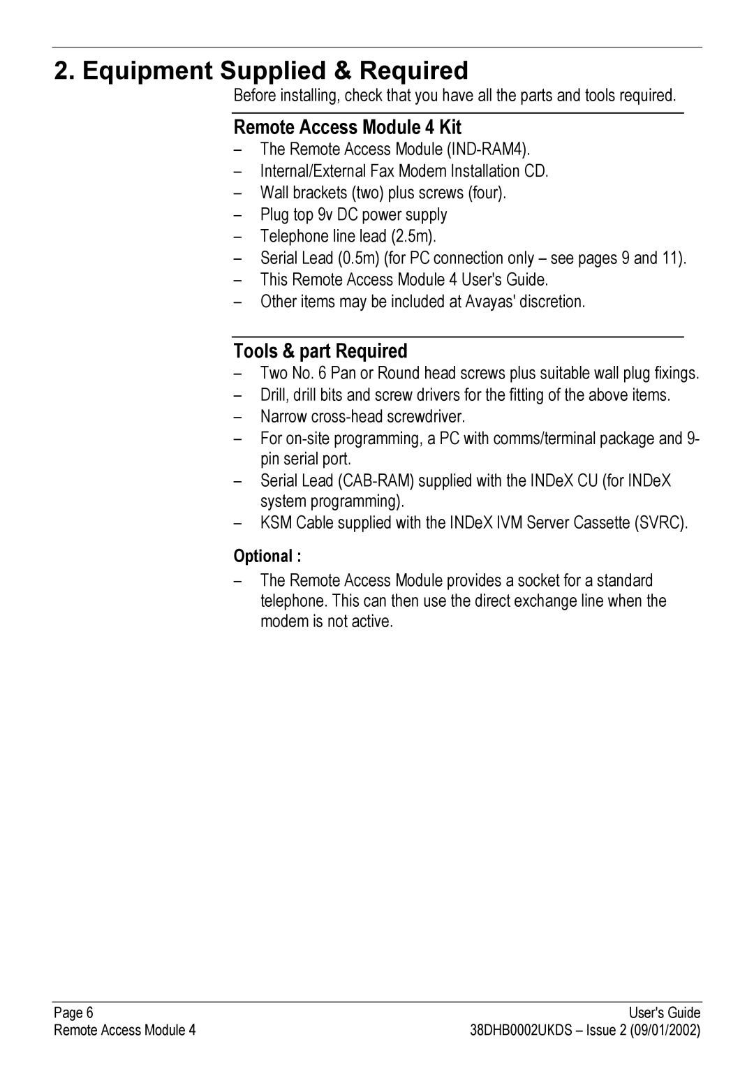 Avaya manual Equipment Supplied & Required, Remote Access Module 4 Kit, Tools & part Required, Optional 
