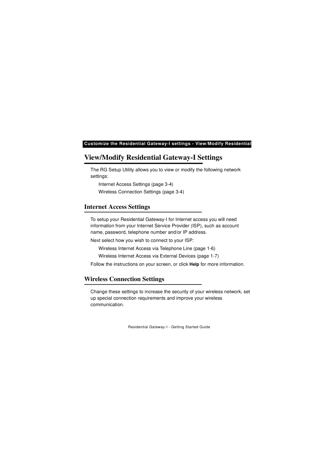 Avaya quick start View/Modify Residential Gateway-I Settings, Internet Access Settings, Wireless Connection Settings 