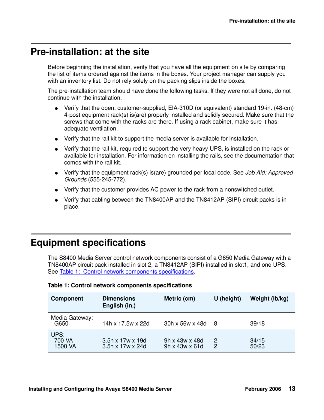 Avaya S8400 manual Pre-installation at the site, Equipment specifications 