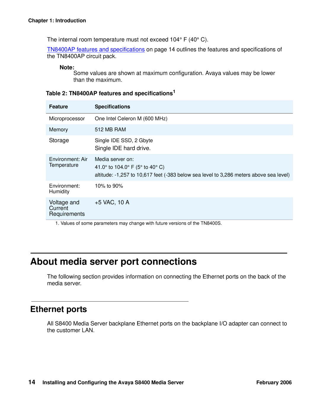 Avaya S8400 manual About media server port connections, Ethernet ports, TN8400AP features and specifications1 