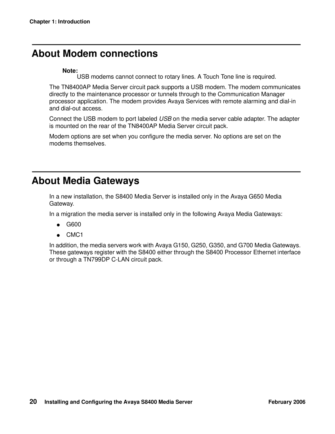 Avaya S8400 manual About Modem connections, About Media Gateways 