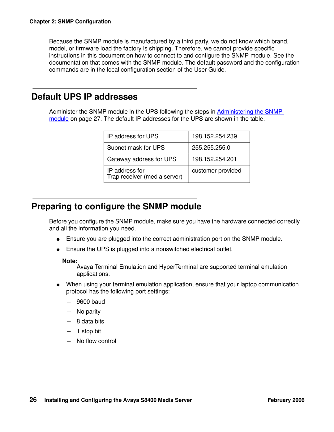 Avaya S8400 manual Default UPS IP addresses, Preparing to configure the Snmp module 