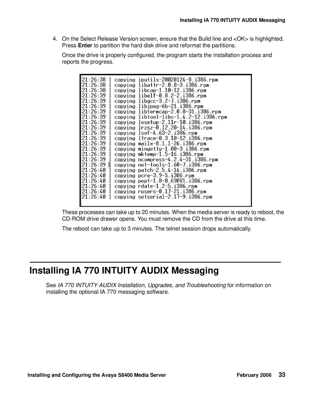 Avaya S8400 manual Installing IA 770 Intuity Audix Messaging 