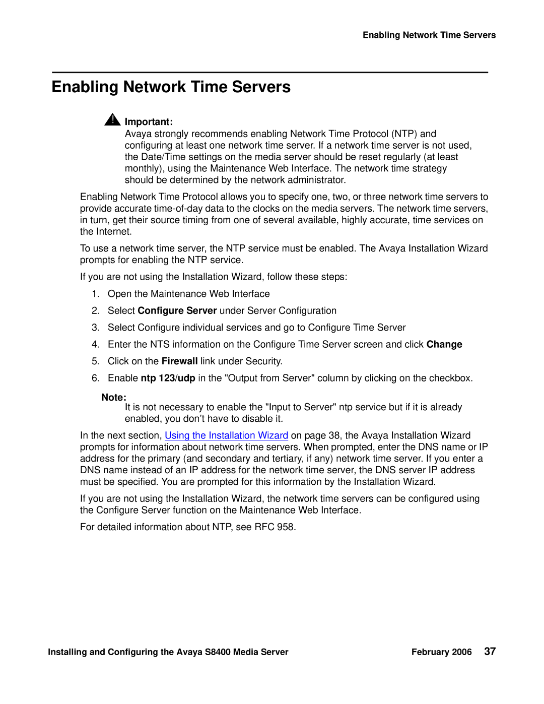 Avaya S8400 manual Enabling Network Time Servers 