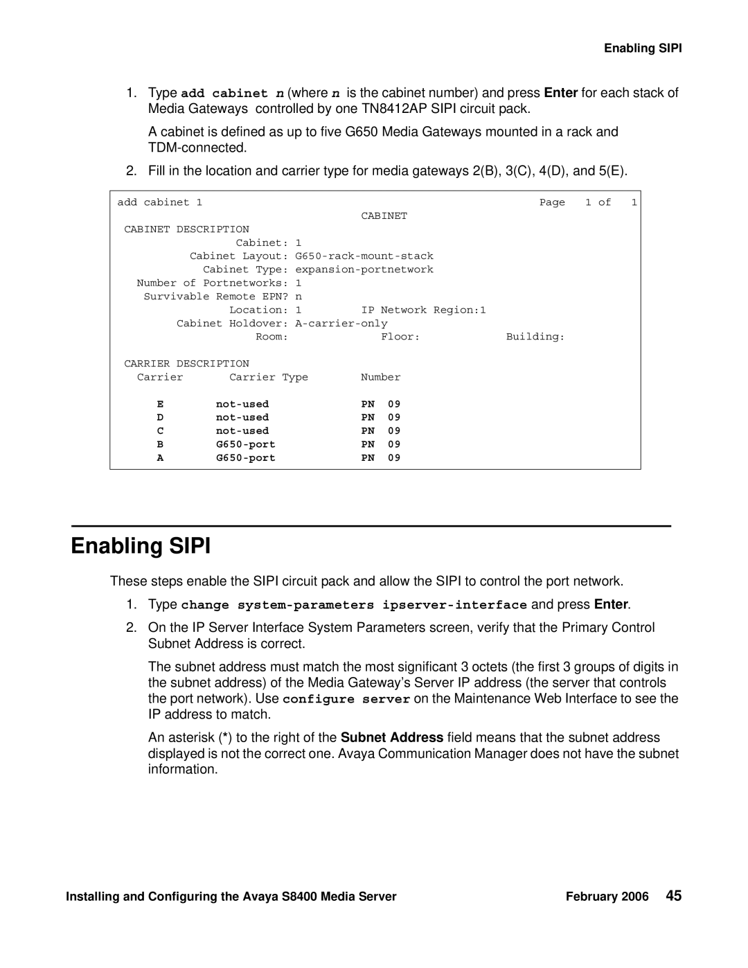 Avaya S8400 manual Enabling Sipi, Cabinet Cabinet Description 