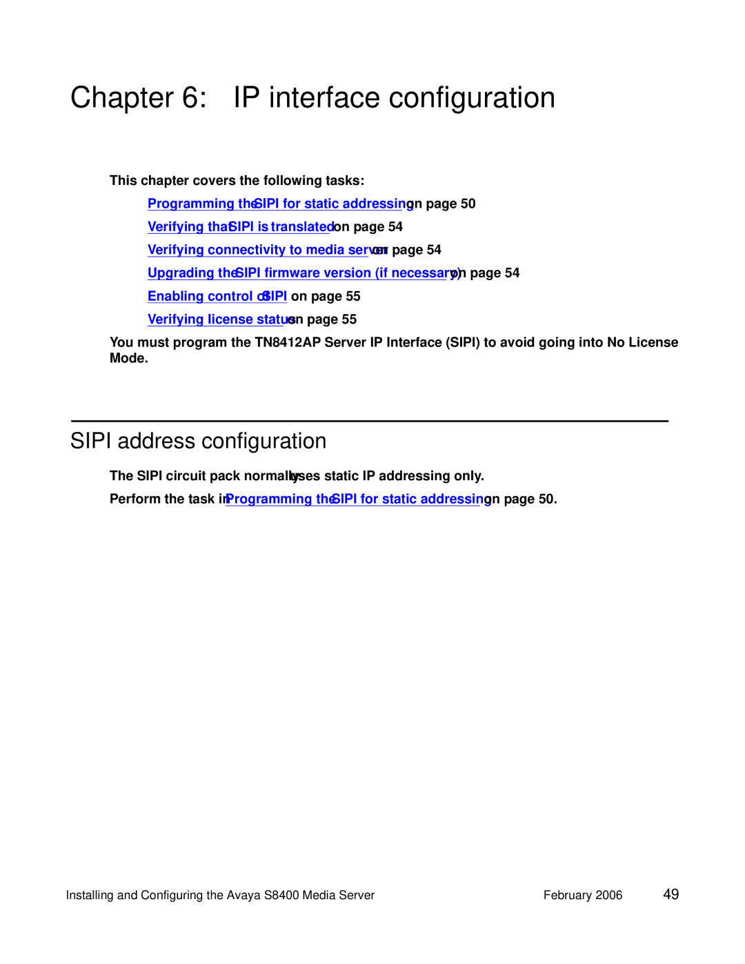 Avaya S8400 manual IP interface configuration, Sipi address configuration 