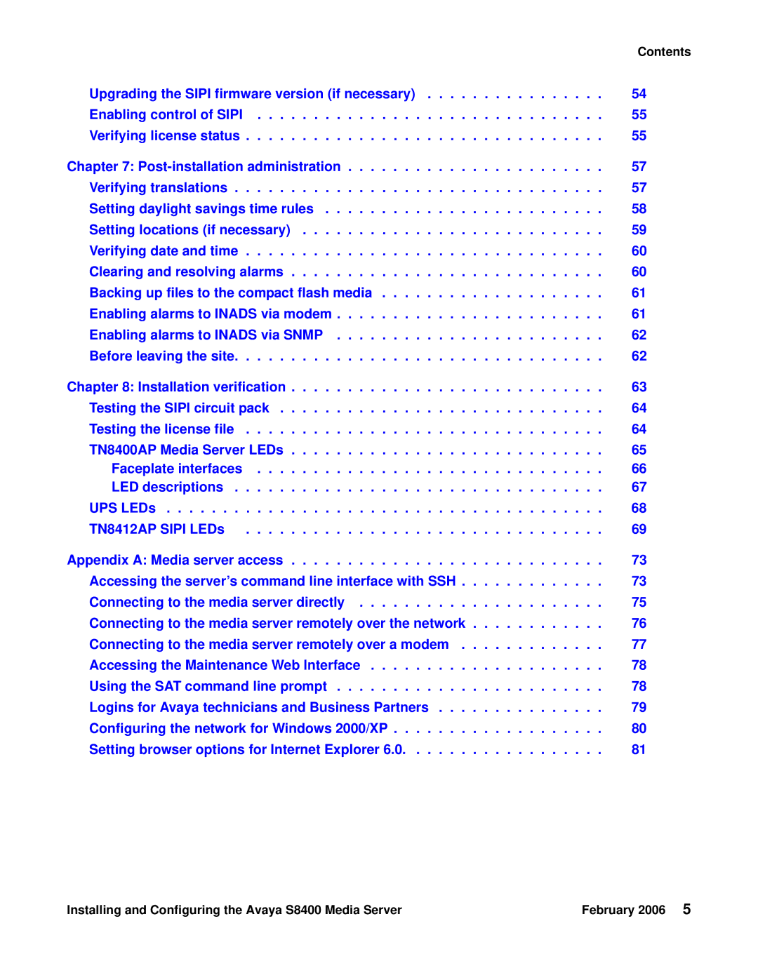 Avaya S8400 manual Contents 