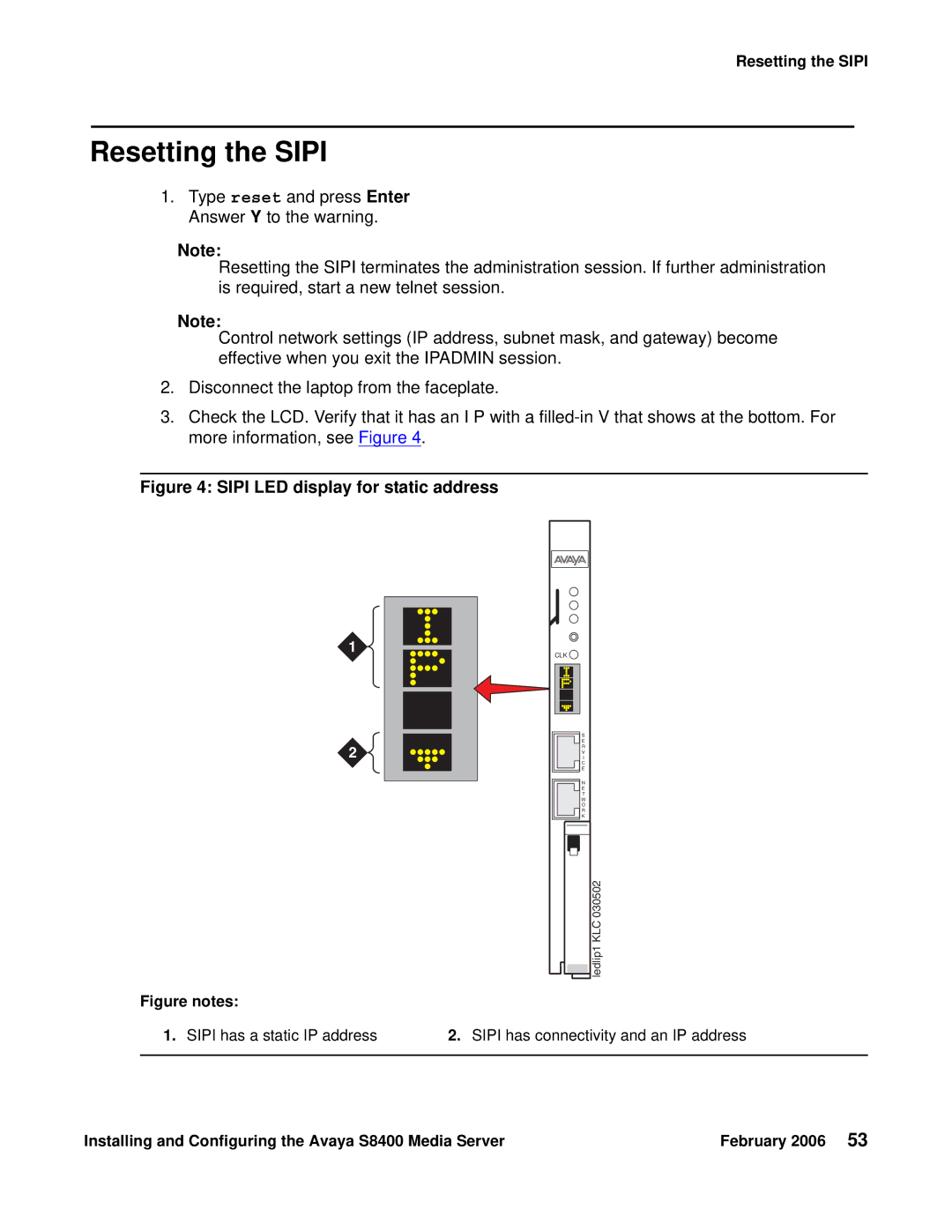 Avaya S8400 manual Resetting the Sipi, Sipi LED display for static address 