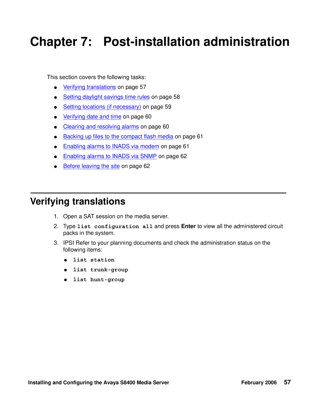 Avaya S8400 manual Post-installation administration, Verifying translations, List station List trunk-group List hunt-group 