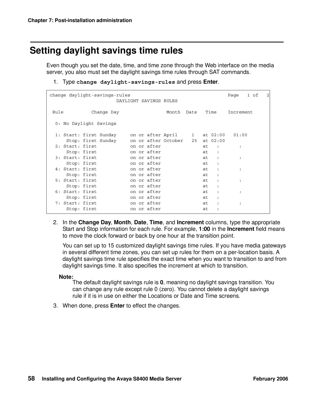 Avaya S8400 manual Setting daylight savings time rules, Type change daylight-savings-rules and press Enter 