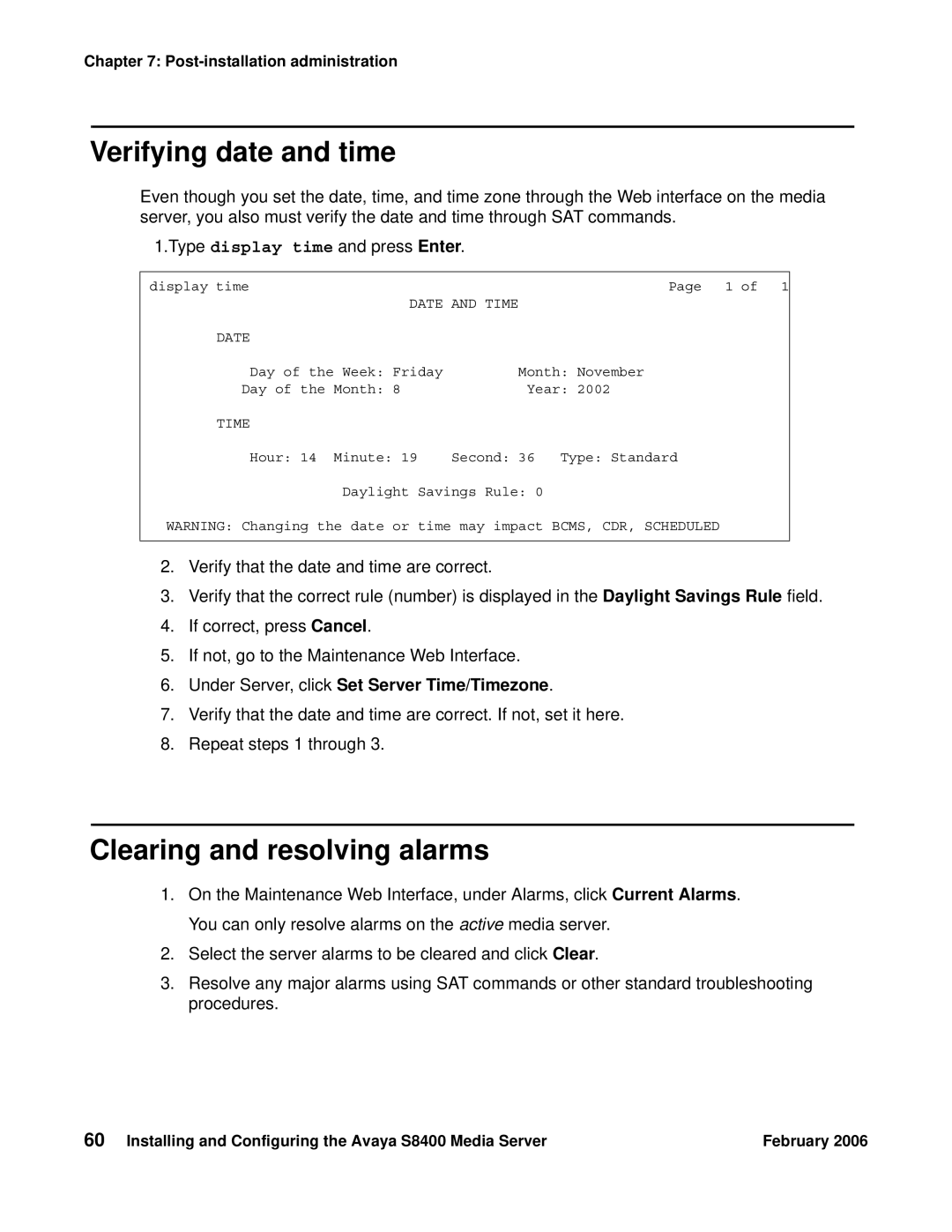 Avaya S8400 manual Verifying date and time, Clearing and resolving alarms, Under Server, click Set Server Time/Timezone 