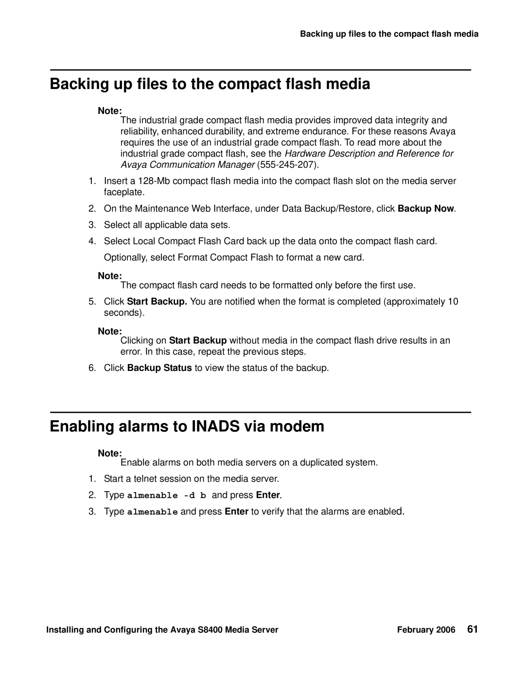 Avaya S8400 manual Backing up files to the compact flash media, Enabling alarms to Inads via modem 