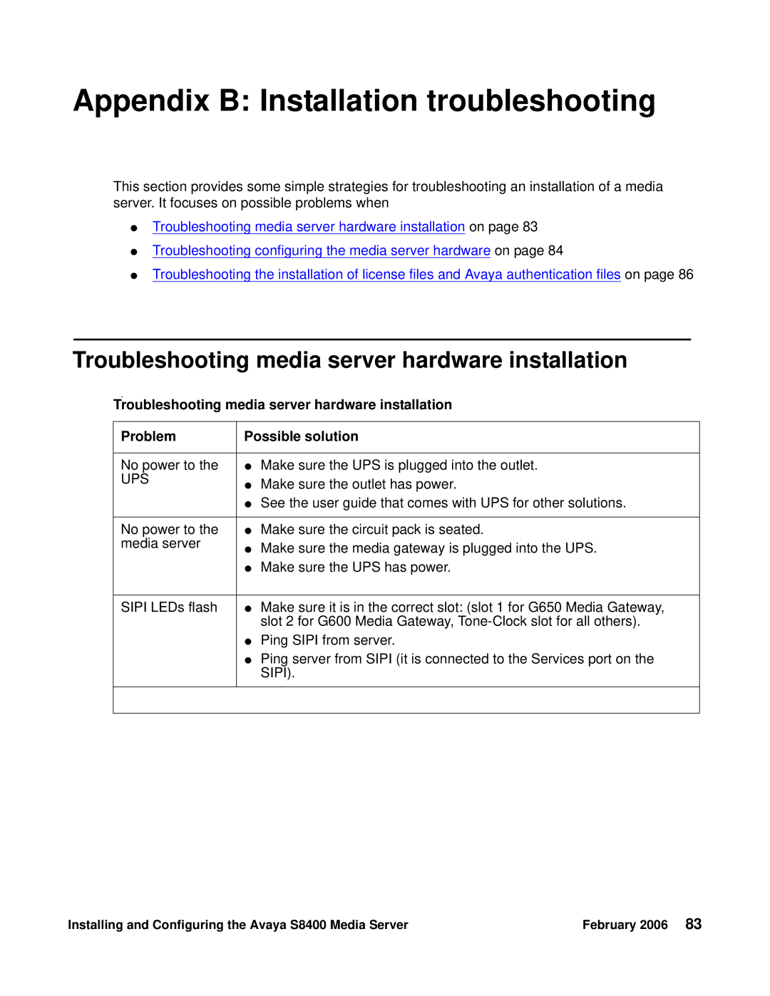 Avaya S8400 manual Appendix B Installation troubleshooting, Troubleshooting media server hardware installation 