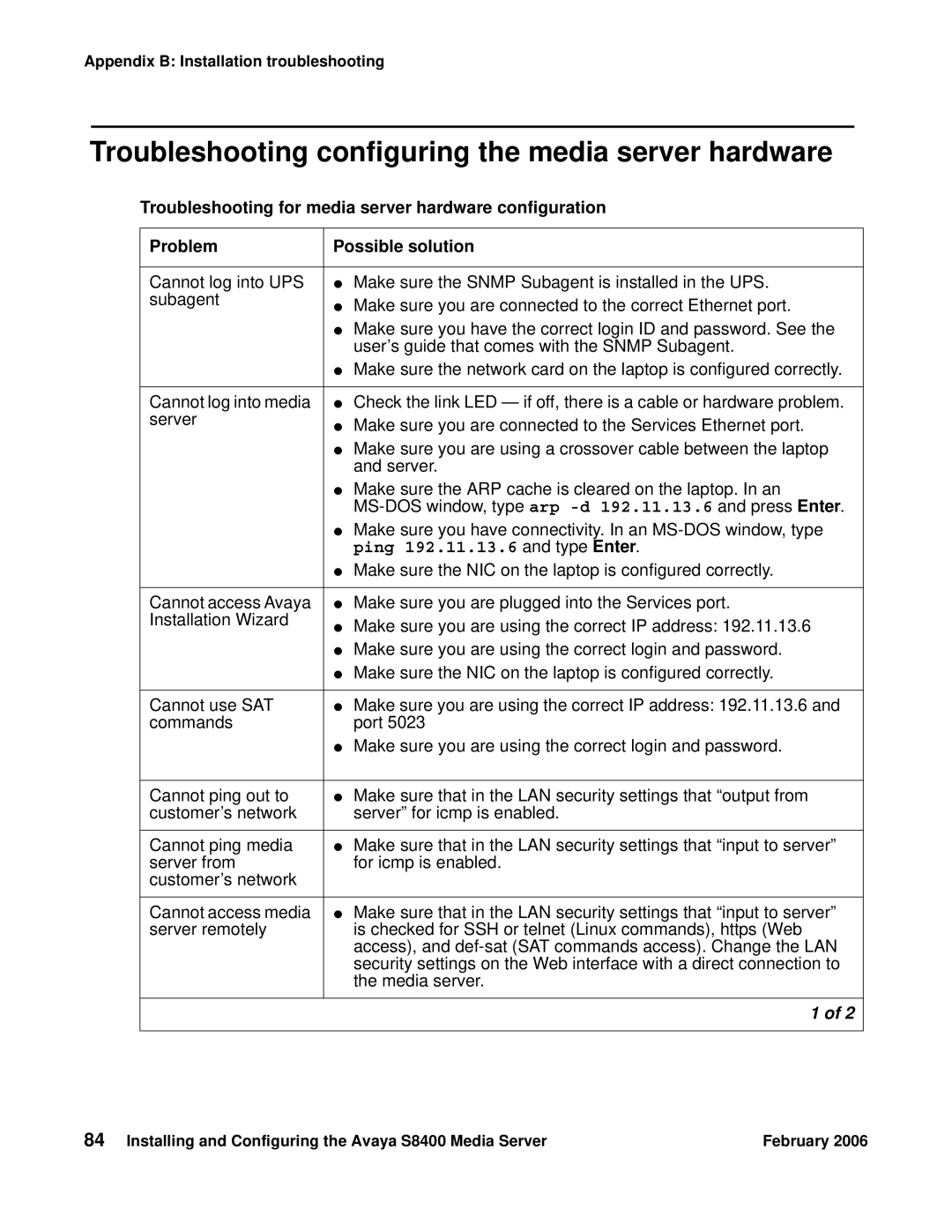 Avaya S8400 manual Troubleshooting configuring the media server hardware, Ping 192.11.13.6 and type Enter 