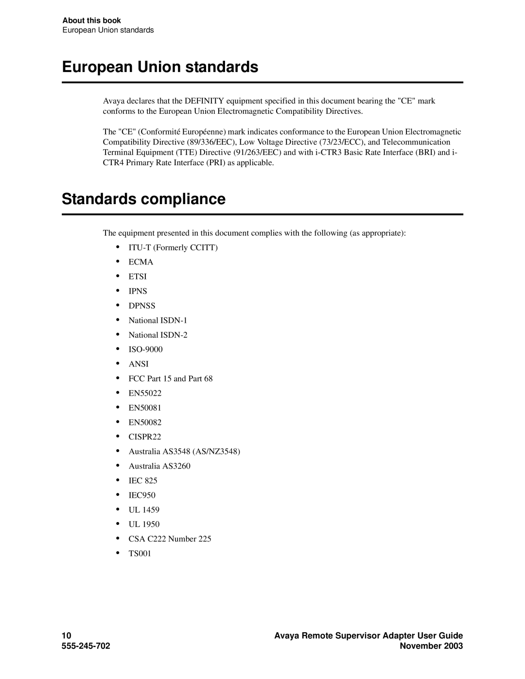 Avaya S8500 manual European Union standards, Standards compliance, November 