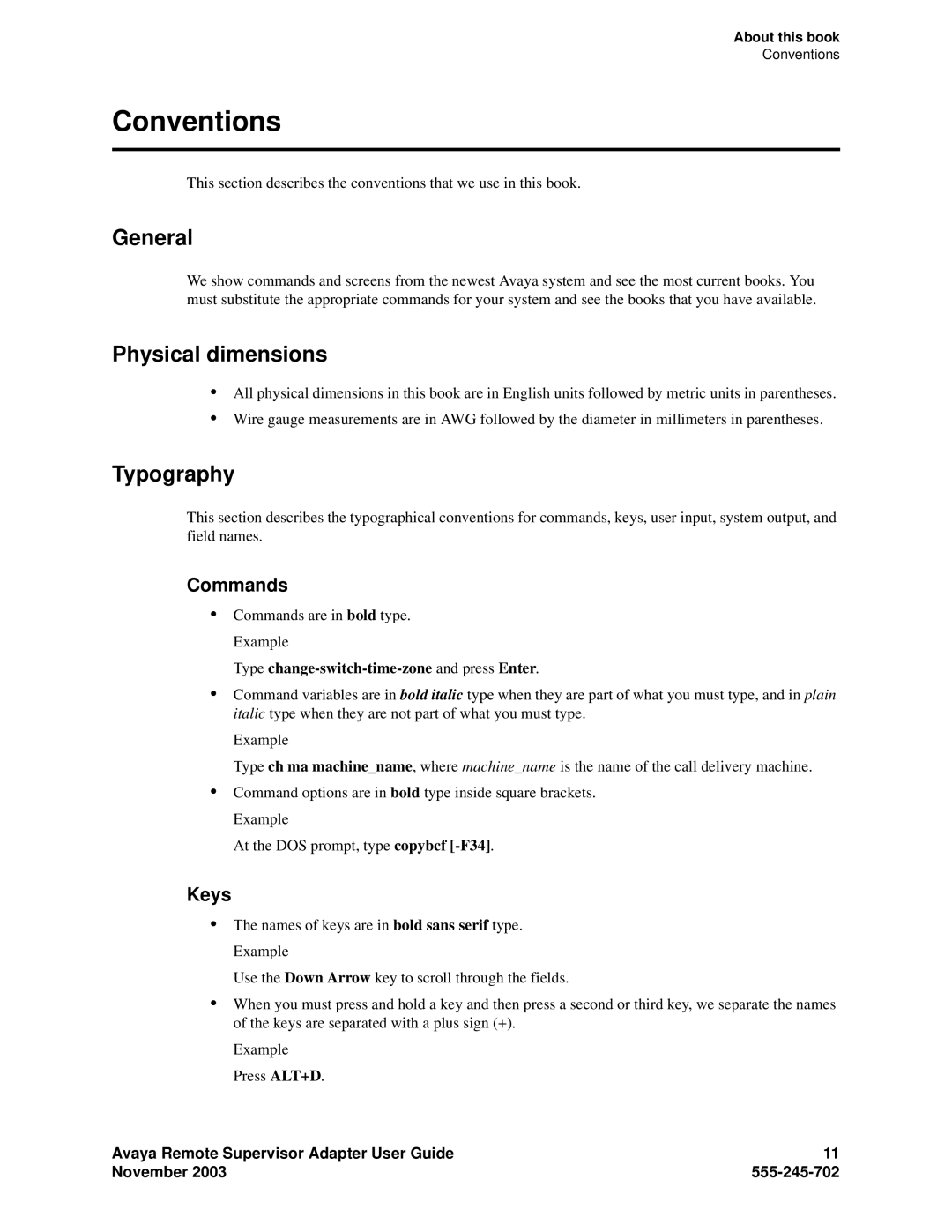 Avaya S8500 manual Conventions, General, Physical dimensions, Typography 