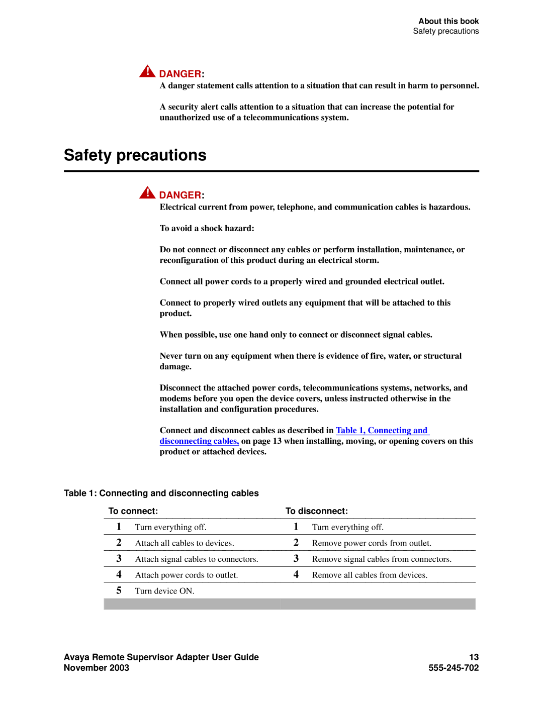 Avaya S8500 manual Safety precautions, Connecting and disconnecting cables To connect To disconnect 