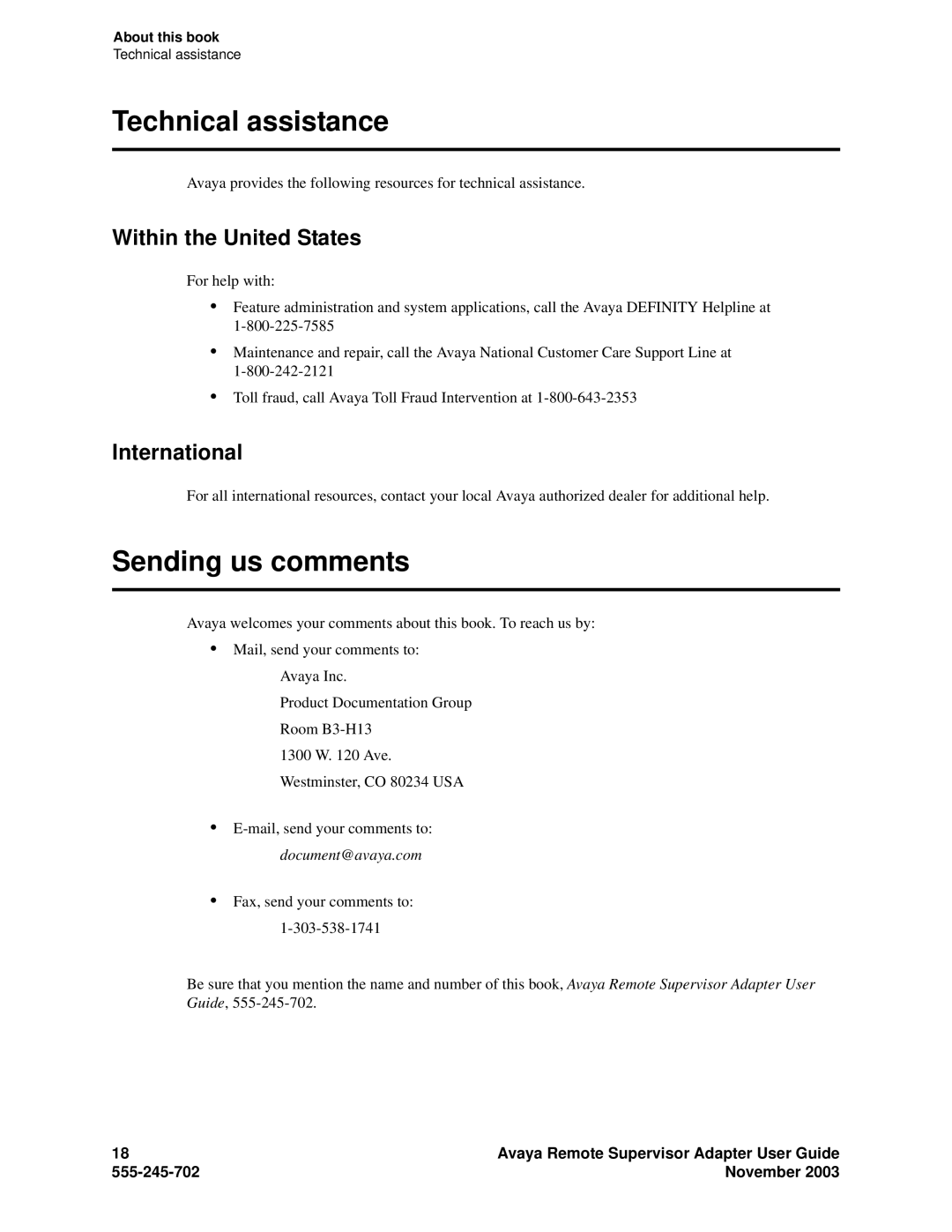 Avaya S8500 manual Technical assistance, Sending us comments, Within the United States, International 