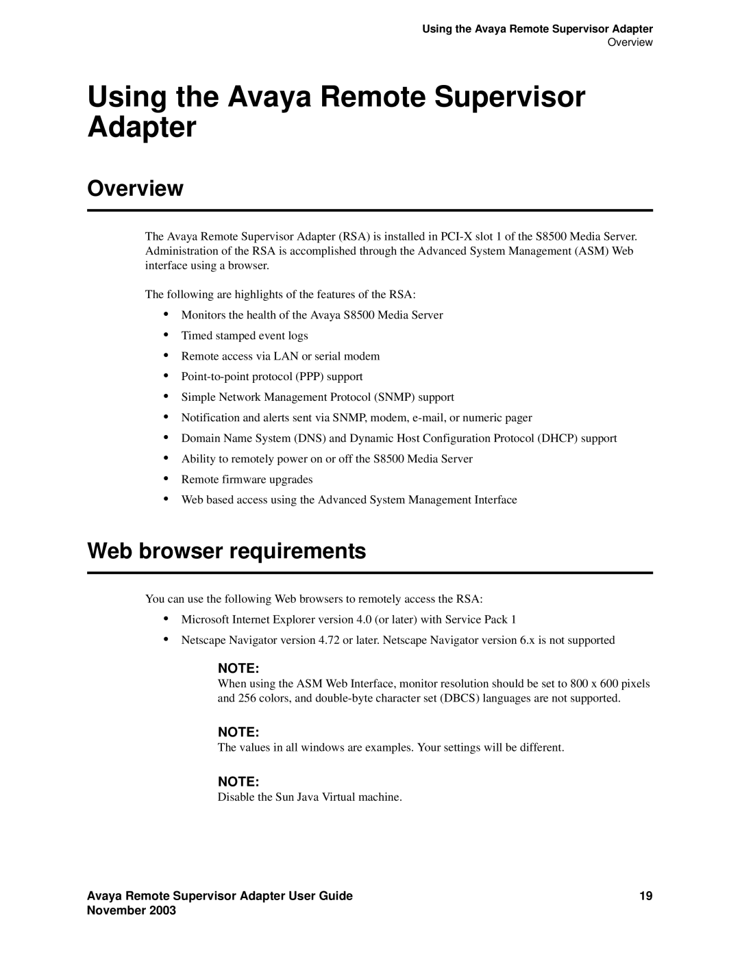 Avaya S8500 manual Using the Avaya Remote Supervisor Adapter, Web browser requirements 