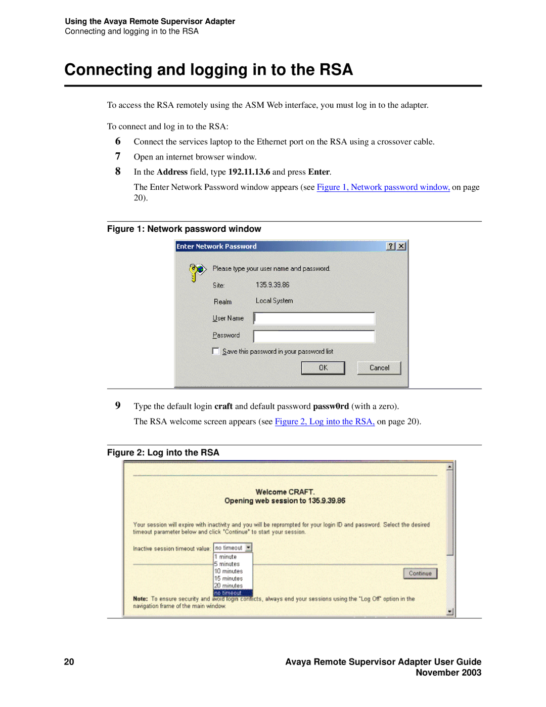 Avaya S8500 manual Connecting and logging in to the RSA, Network password window 