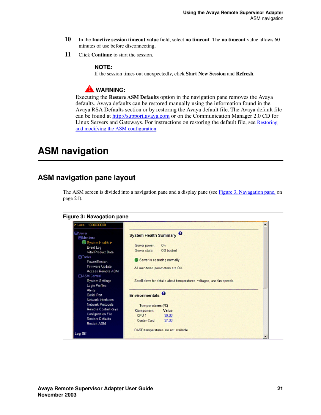 Avaya S8500 manual ASM navigation pane layout 