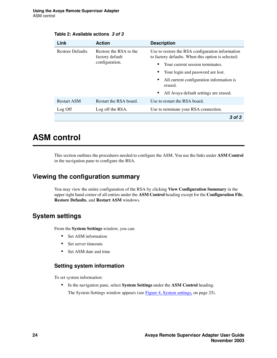 Avaya S8500 manual ASM control, Viewing the configuration summary, System settings, Setting system information 