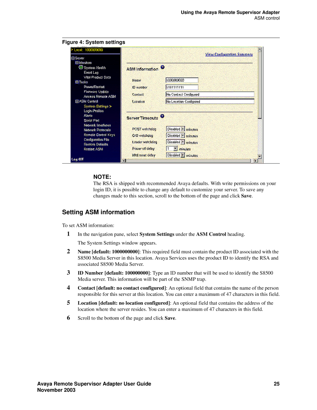 Avaya S8500 manual Setting ASM information, System settings 