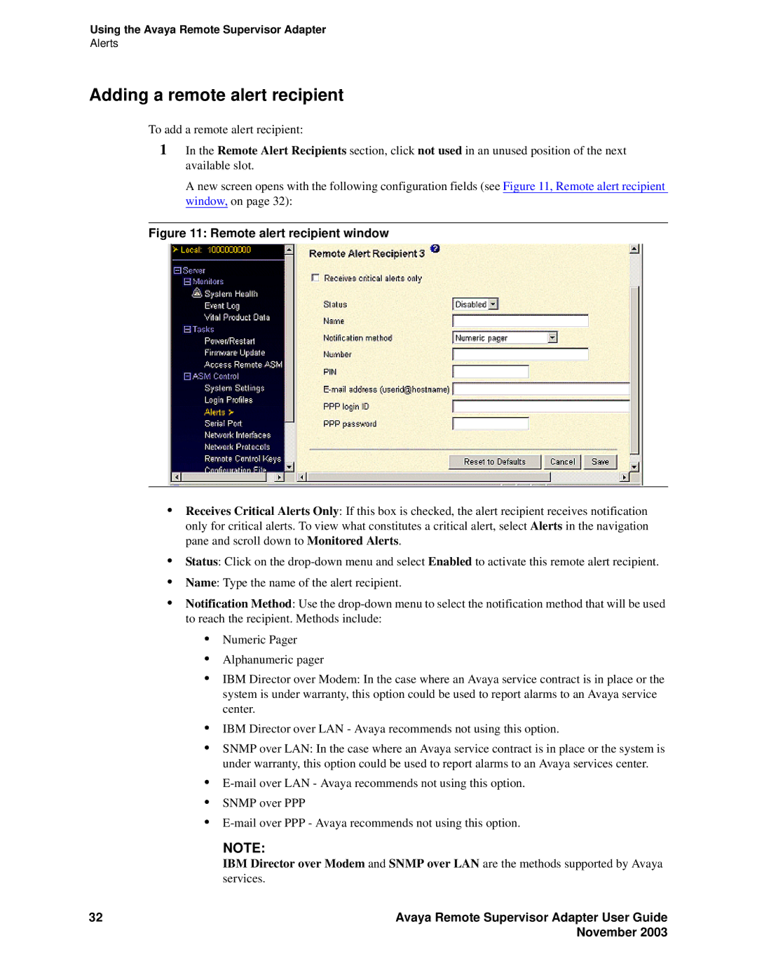 Avaya S8500 manual Adding a remote alert recipient, Remote alert recipient window 