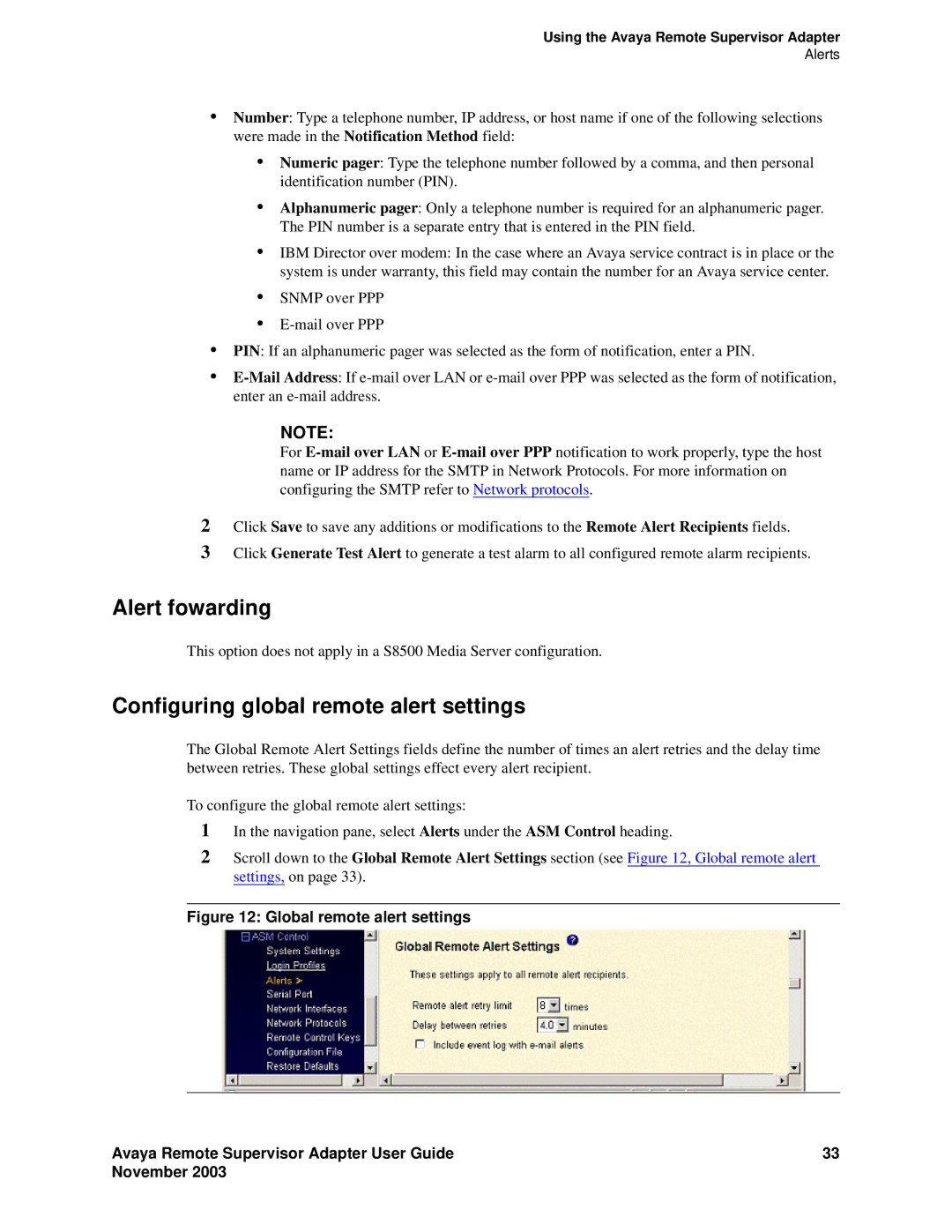 Avaya S8500 manual Alert fowarding, Configuring global remote alert settings 