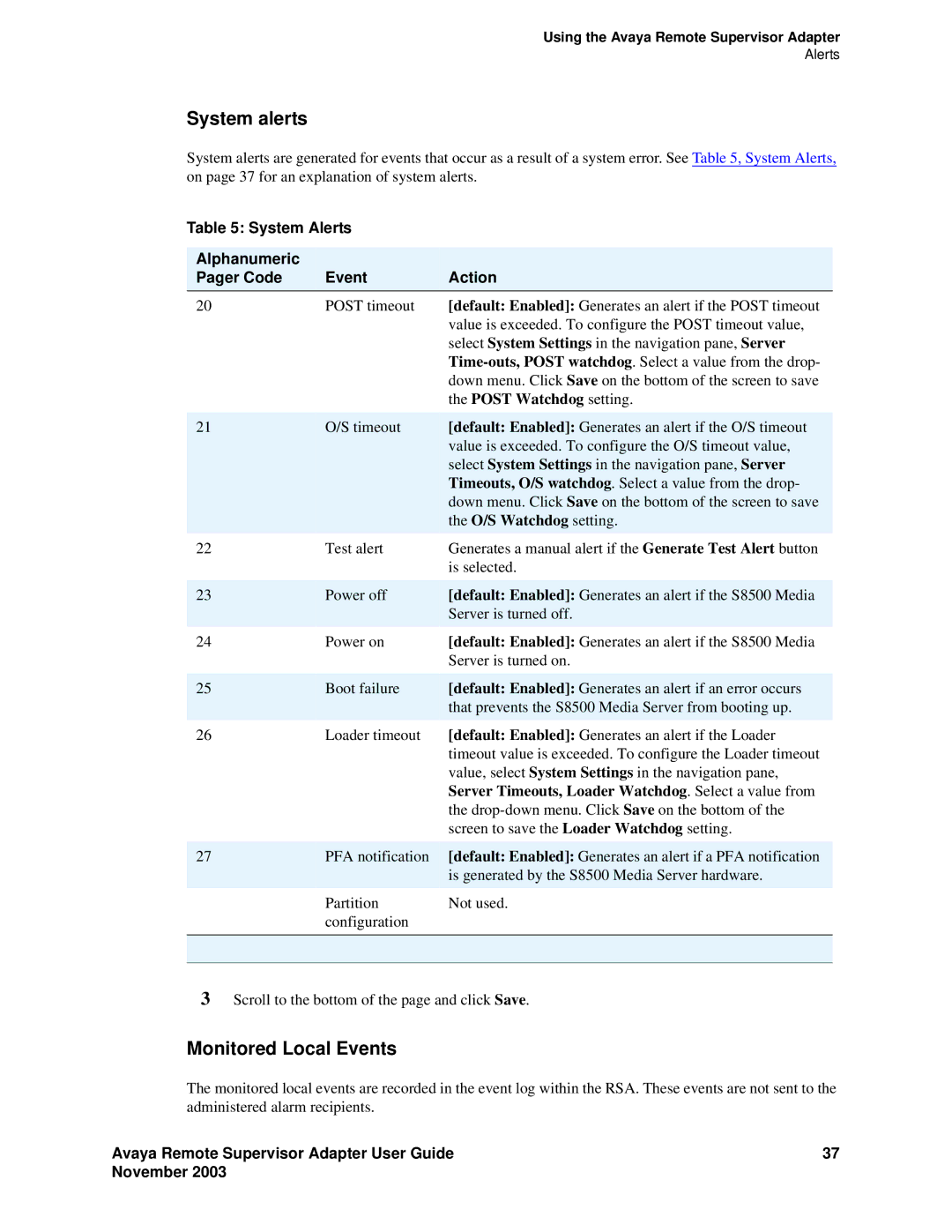 Avaya S8500 manual System alerts, Monitored Local Events, System Alerts Alphanumeric Pager Code Event Action 