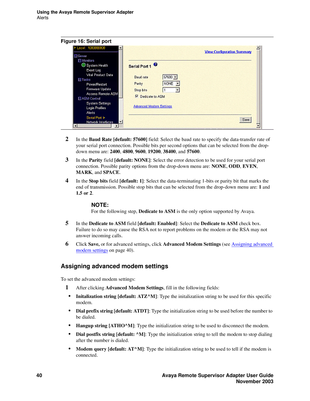 Avaya S8500 manual Assigning advanced modem settings, Serial port 