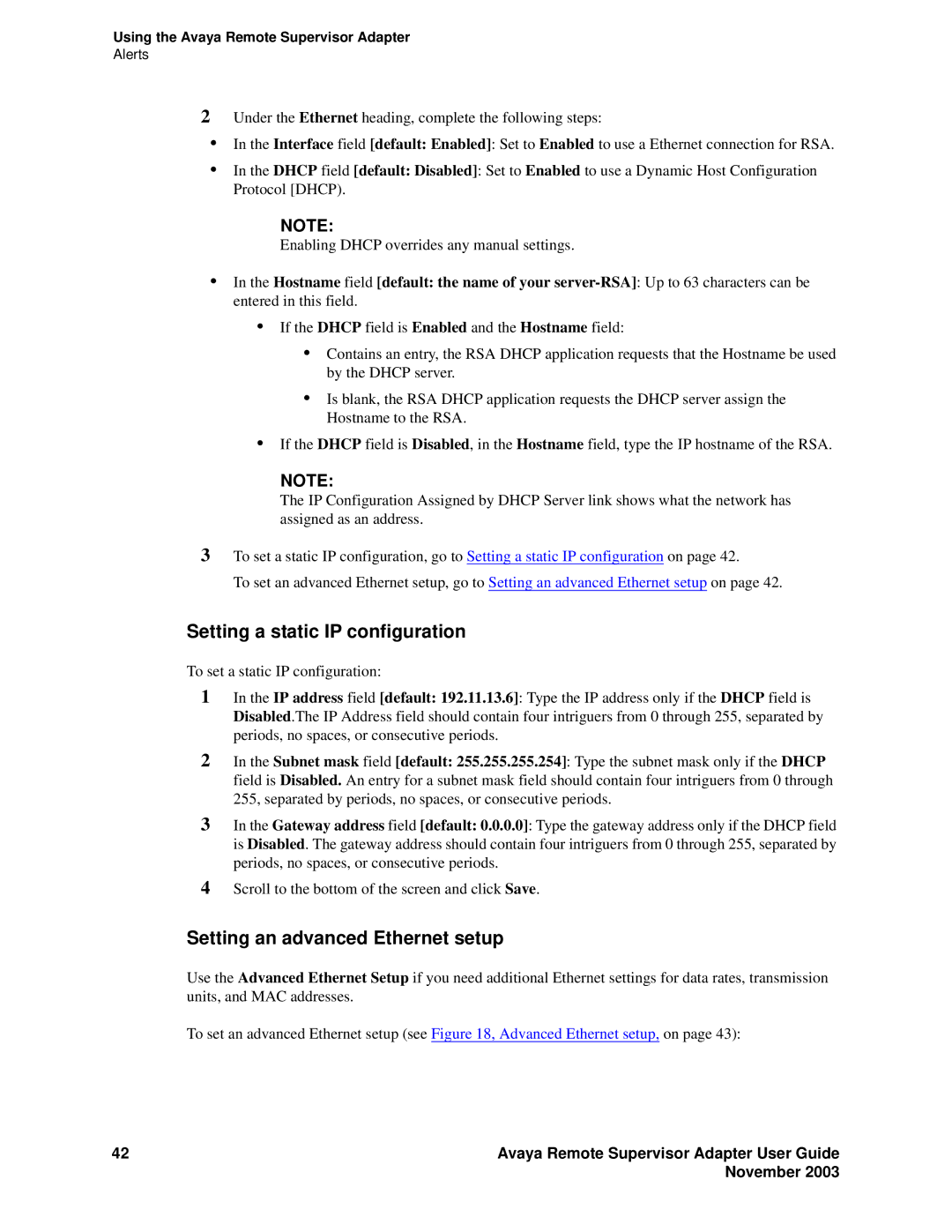 Avaya S8500 manual Setting a static IP configuration, Setting an advanced Ethernet setup 