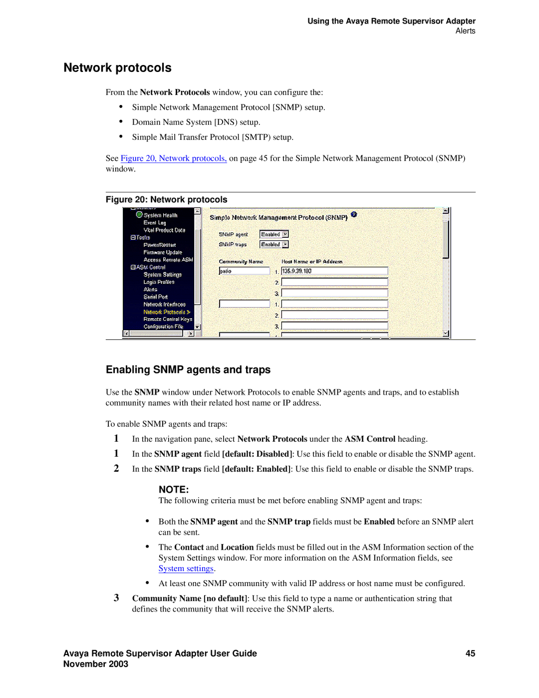 Avaya S8500 manual Network protocols, Enabling Snmp agents and traps 