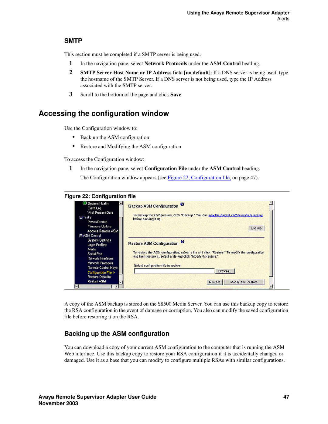 Avaya S8500 manual Accessing the configuration window, Backing up the ASM configuration 