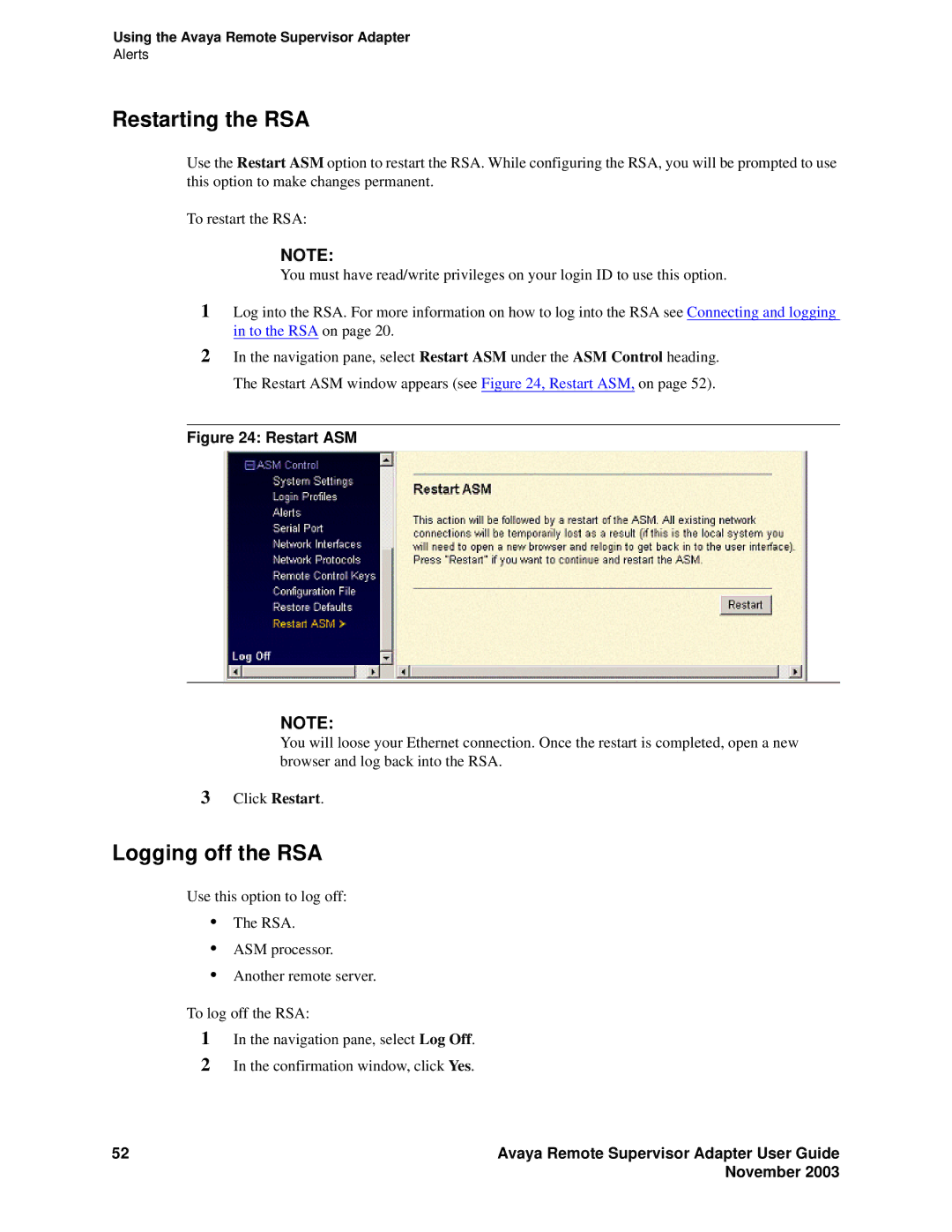 Avaya S8500 manual Restarting the RSA, Logging off the RSA 