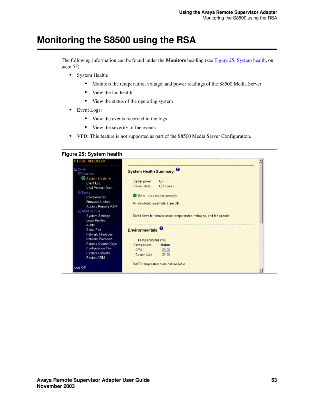 Avaya manual Monitoring the S8500 using the RSA 