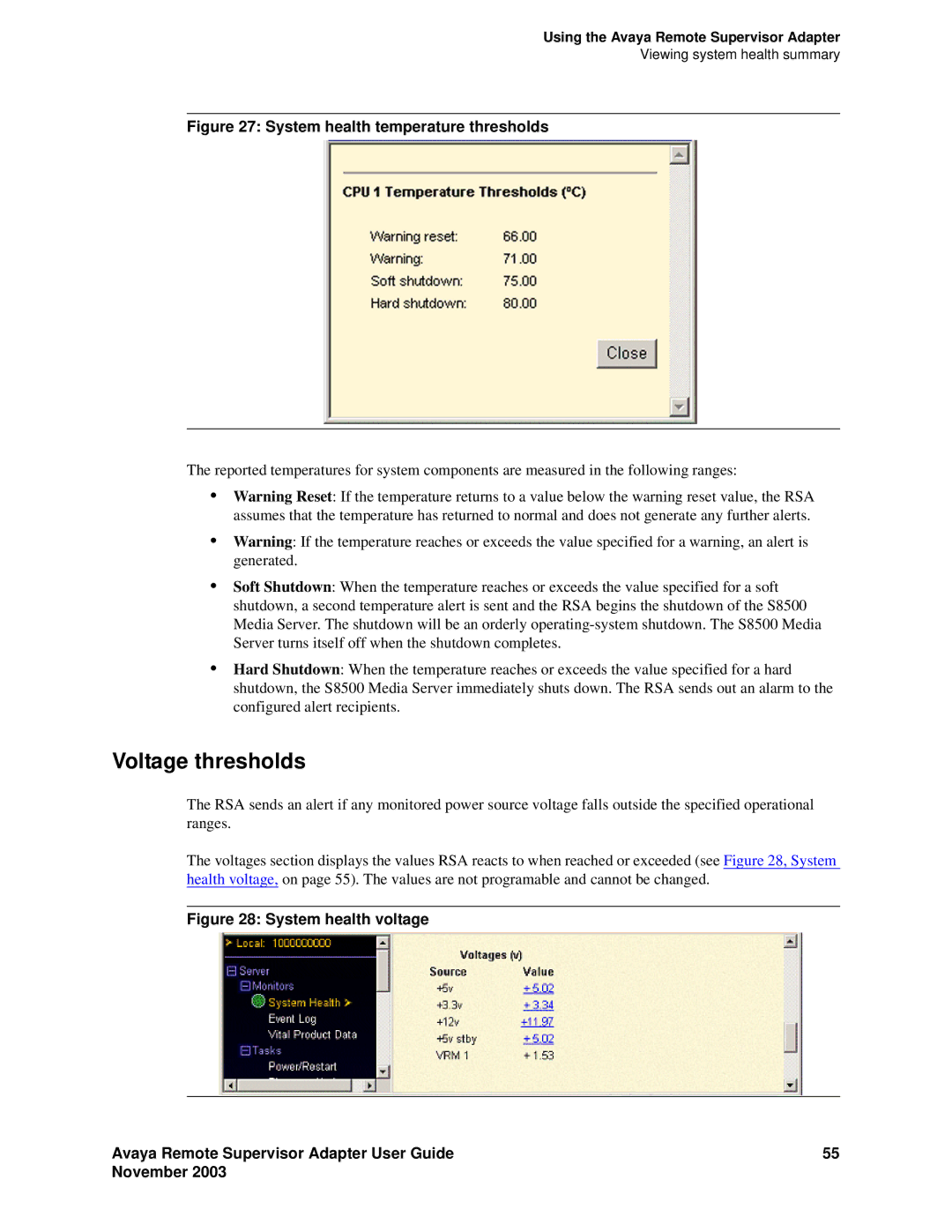 Avaya S8500 manual Voltage thresholds, System health temperature thresholds 