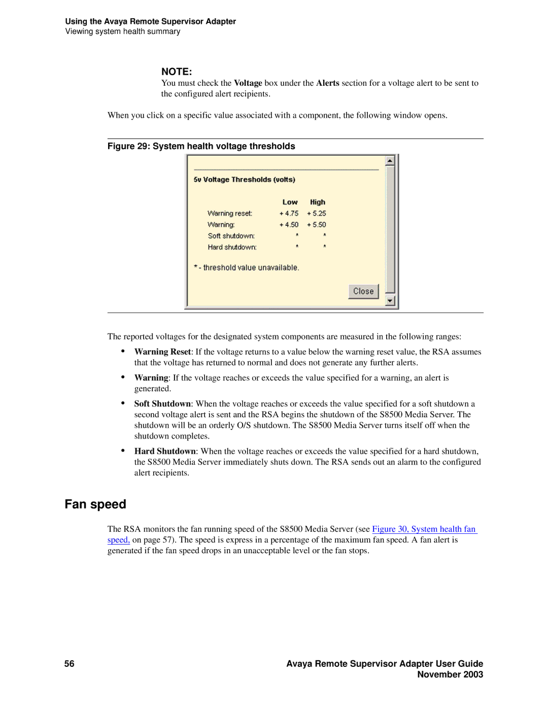 Avaya S8500 manual Fan speed, System health voltage thresholds 